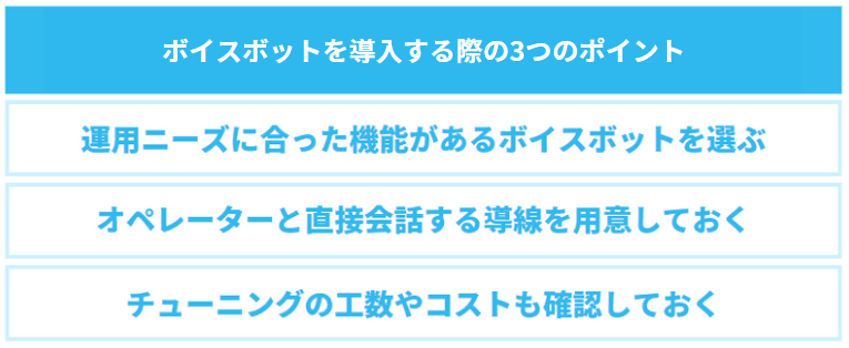 ボイスボットをコンタクトセンター（コールセンター）に導入する際の３つのポイントについて述べた図
