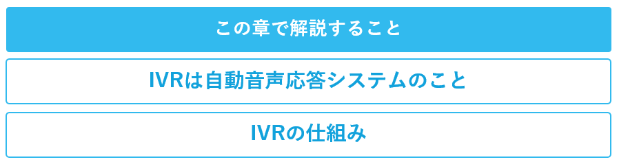 IVRとは何かについての章で解説する項目の一覧