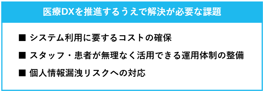 医療DXを推進するうえで解決が必要な課題一覧
