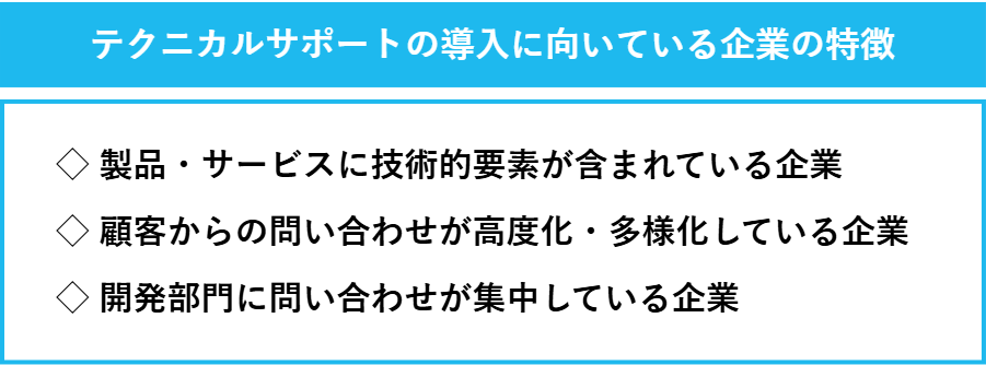 テクニカルサポートの導入に向いている企業の特徴一覧