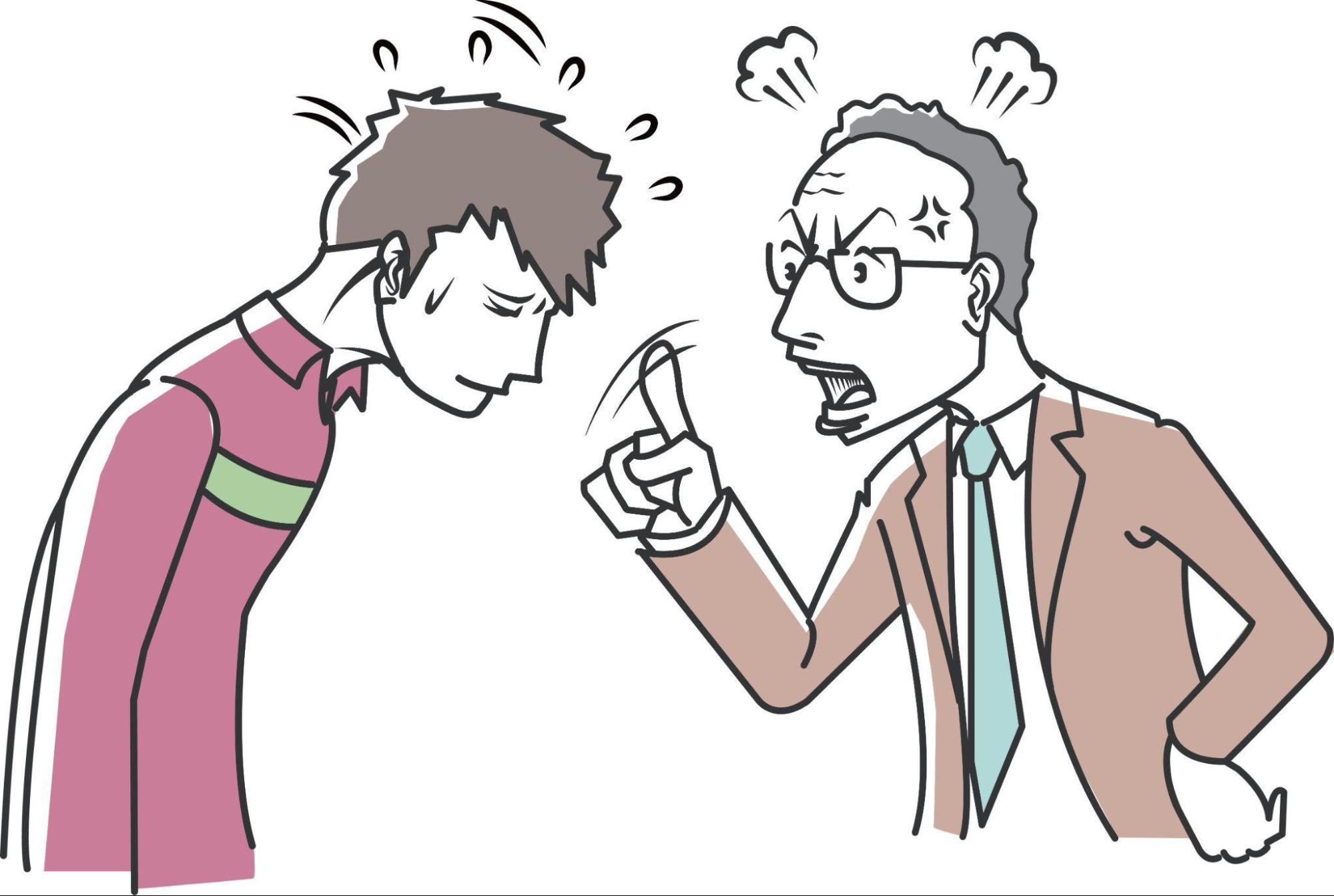 不当な要求をする顧客と謝っている男性のイメージ